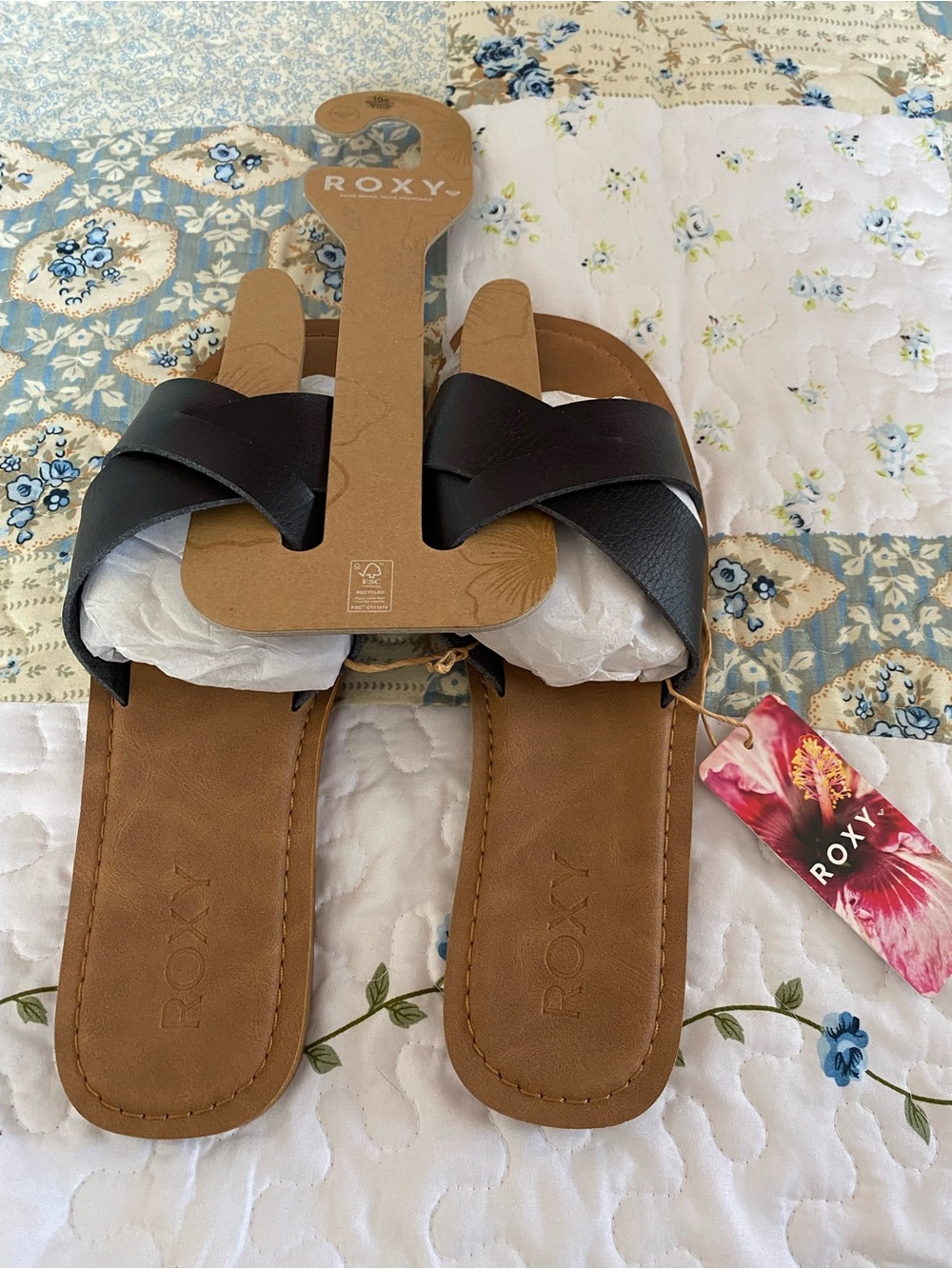 Roxy Black Crisscross Strap Brown Footbed Slide Sandals
